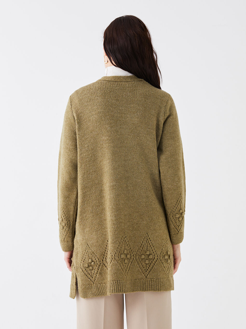 Shawl Collar Self Patterned Long Sleeve Women's Knitwear Cardigan-4