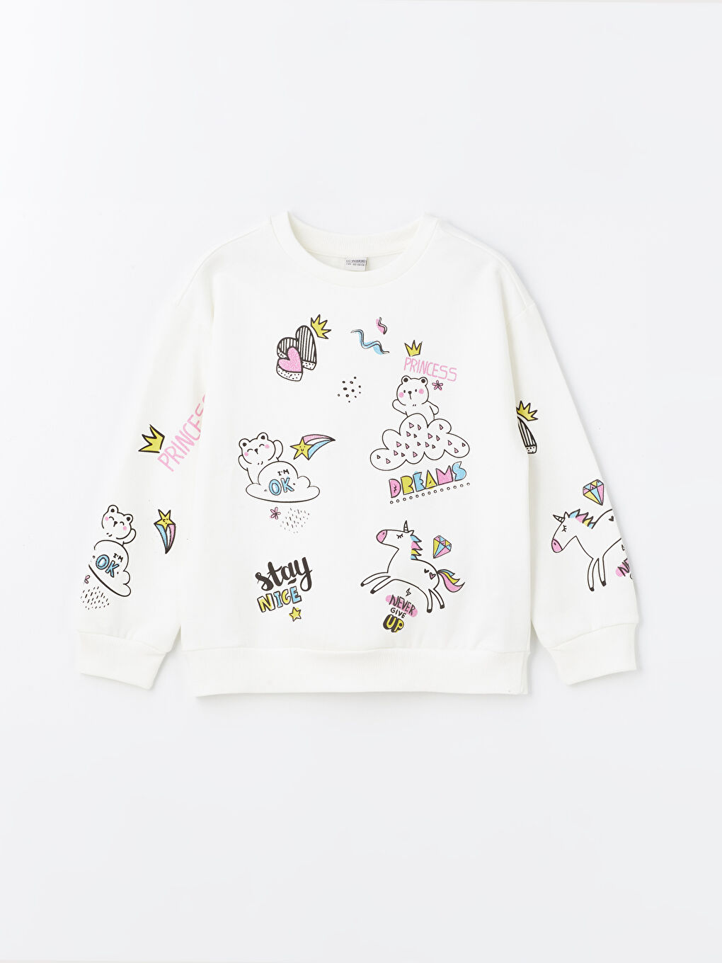 سويت شيرت كم طويل مطبوع بياقة دائرية للبنات