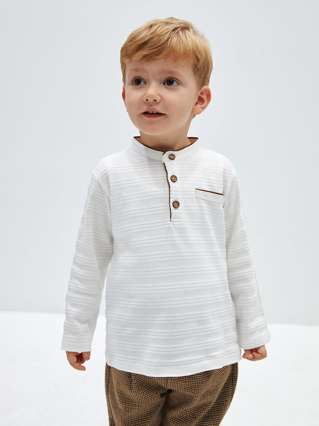 Ekru Hakim Yaka Uzun Kollu Çizgili Erkek Bebek Tişört-1