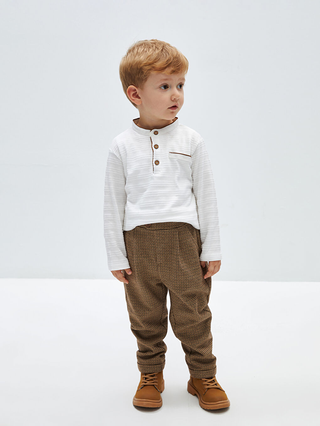 Ekru Hakim Yaka Uzun Kollu Çizgili Erkek Bebek Tişört-2