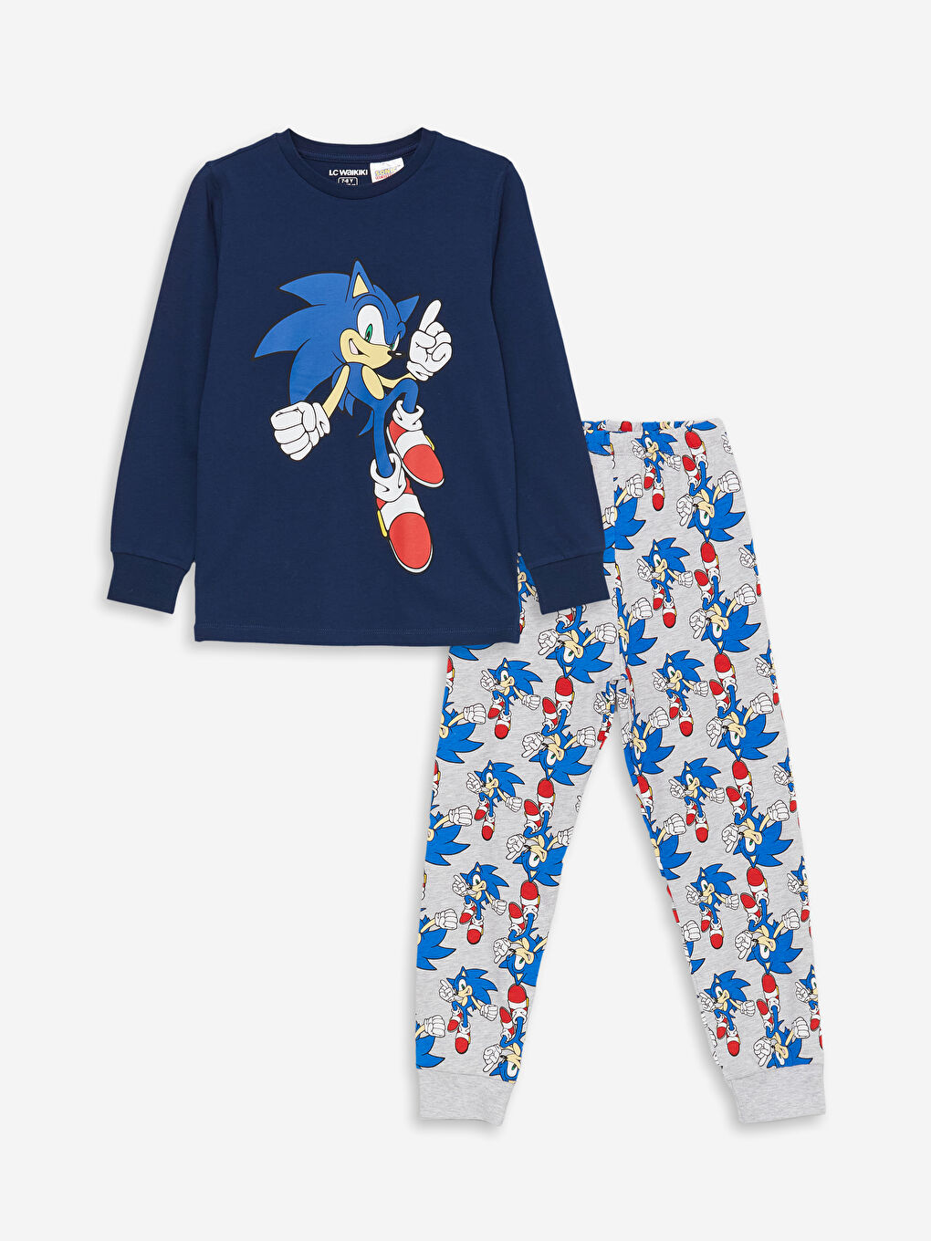 LCW Kids Lacivert Bisiklet Yaka Sonic Baskılı Uzun Kollu Erkek Çocuk Pijama Takımı