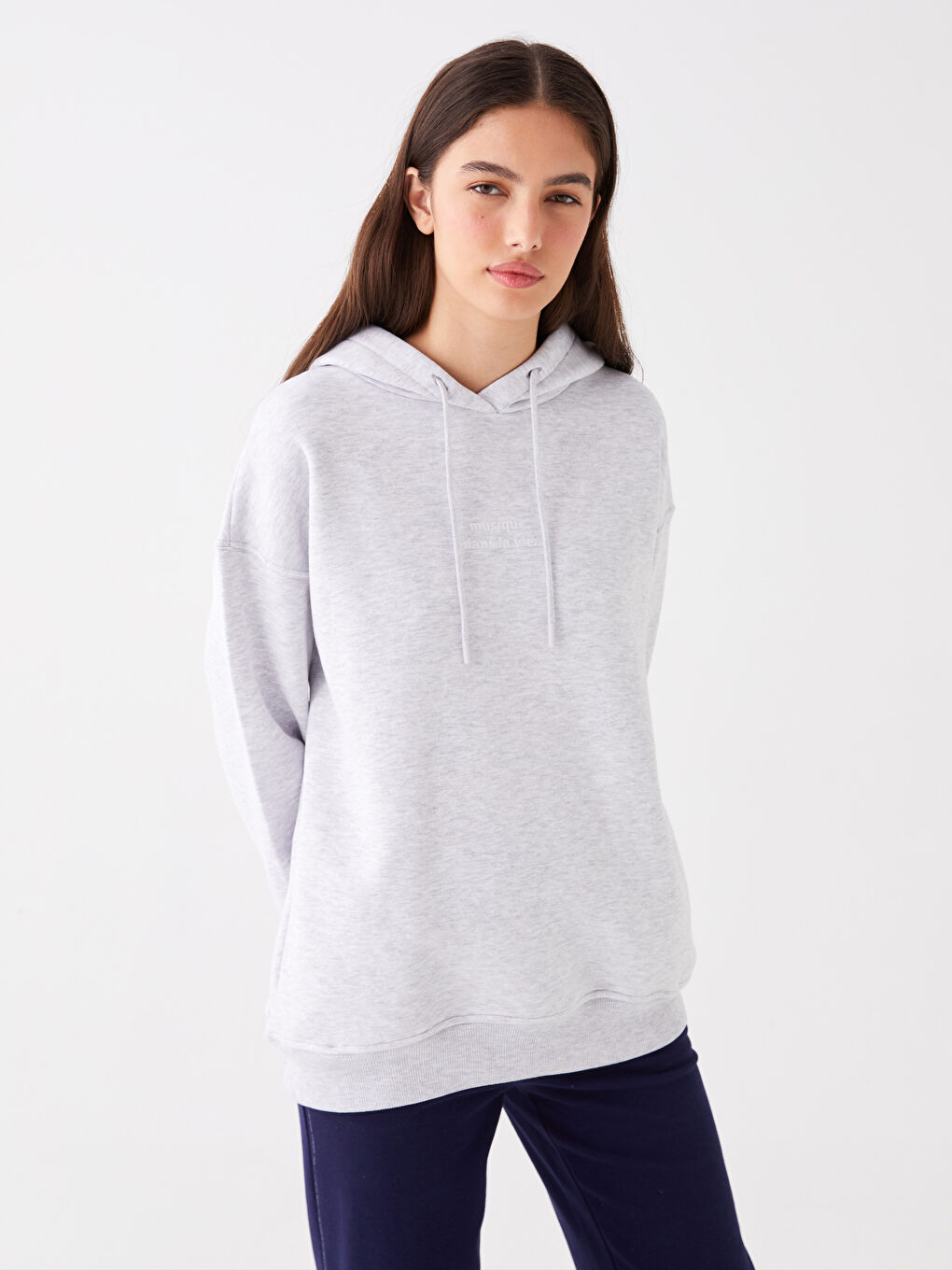 LCW Vision Grey Mel - Lacivert Baskılı Uzun Kollu Oversize Kadın Hoodie