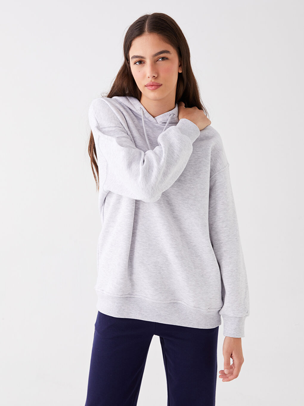 LCW Vision Grey Mel - Lacivert Baskılı Oversize Kadın Kalın Hoodie - 1