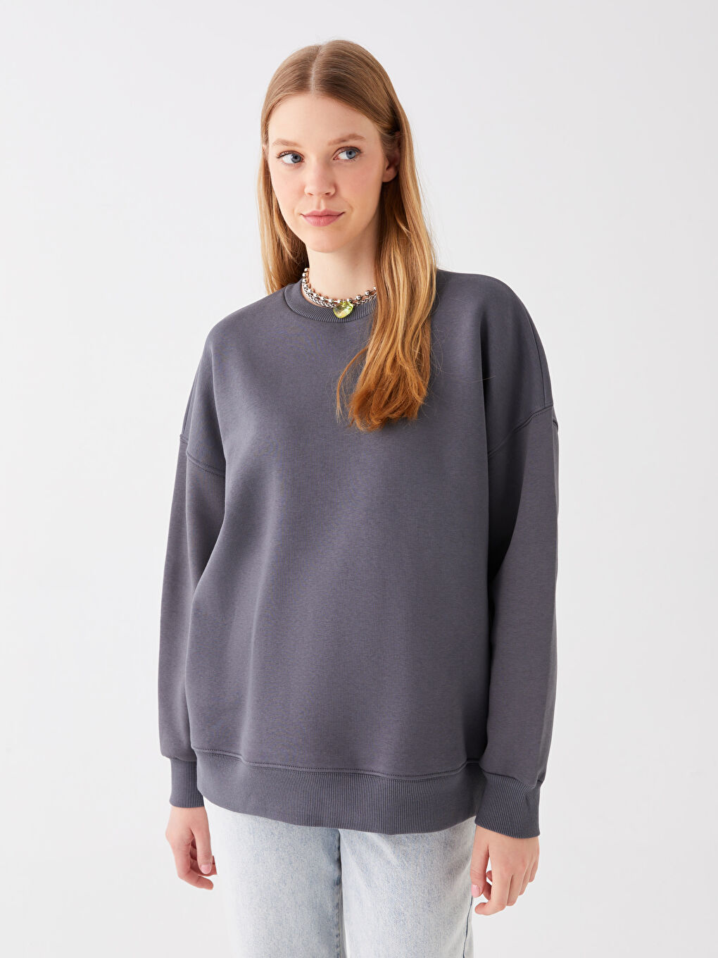 LCW Vision Antrasit Bisiklet Yaka Oversize Kadın Kalın Sweatshirt