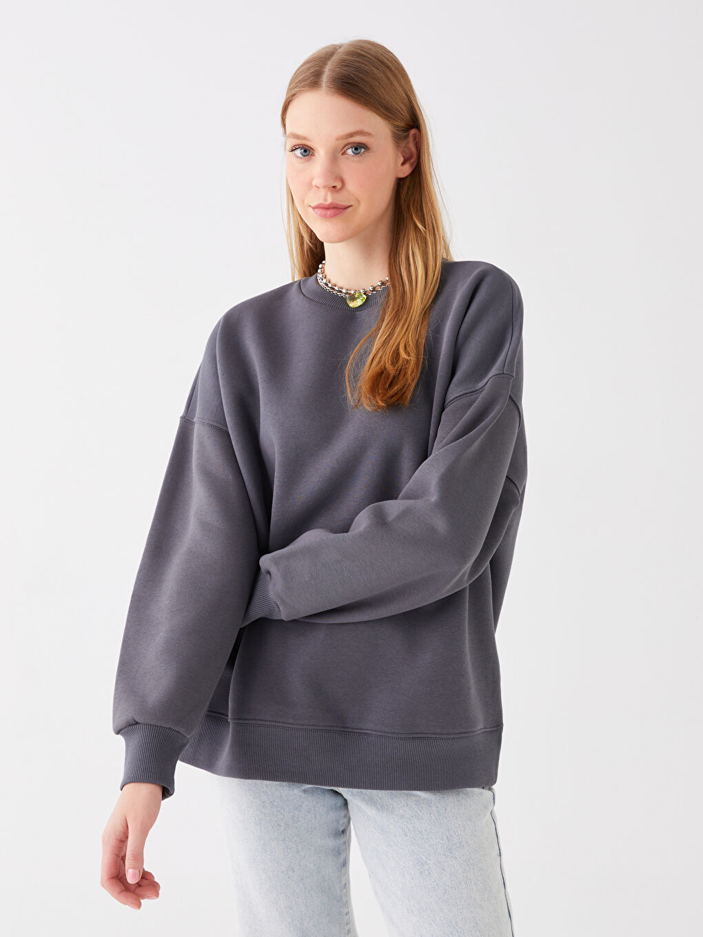 LCW Vision Antrasit Bisiklet Yaka Oversize Kadın Kalın Sweatshirt - 1