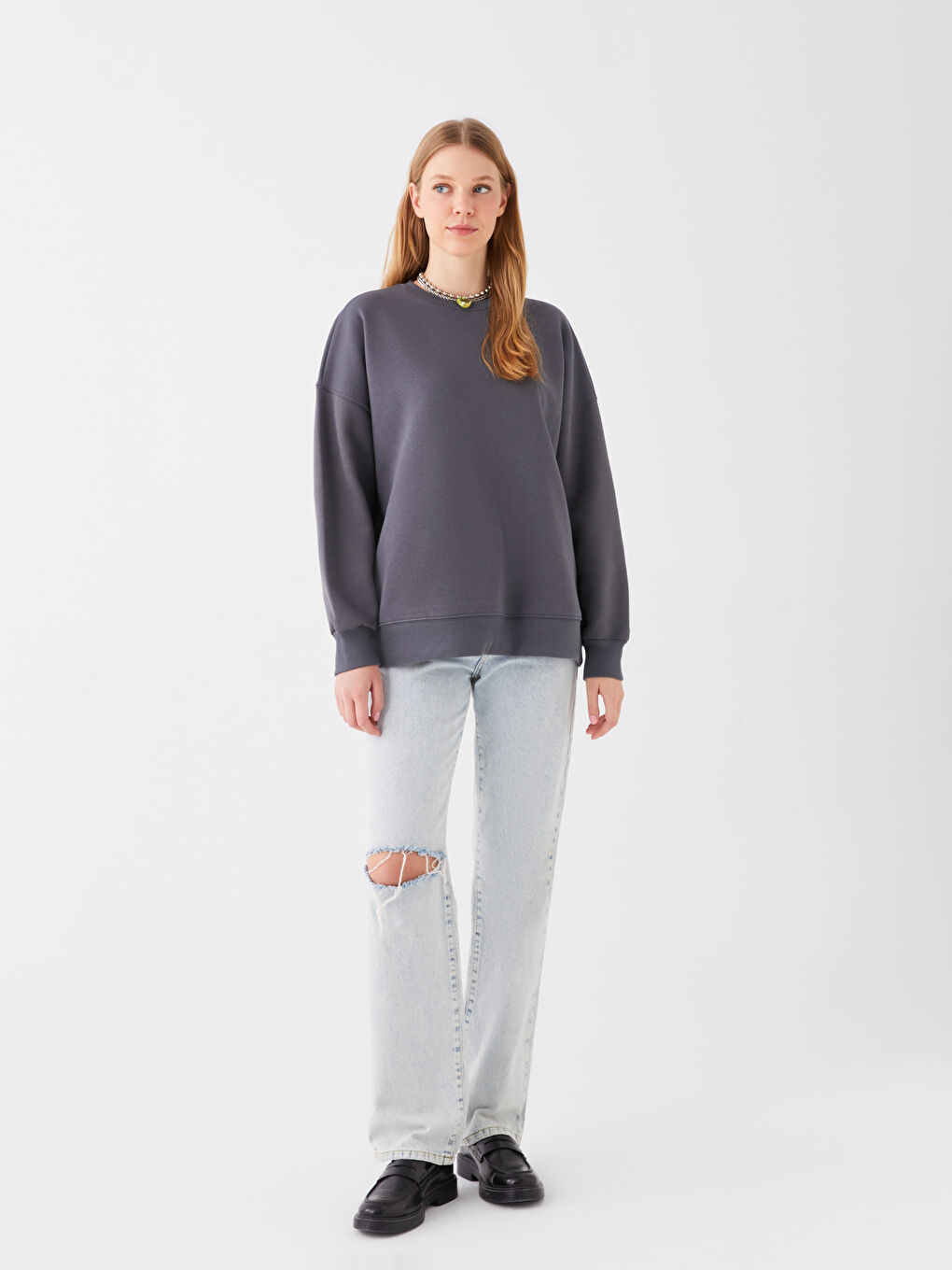 LCW Vision Antrasit Bisiklet Yaka Oversize Kadın Kalın Sweatshirt - 2