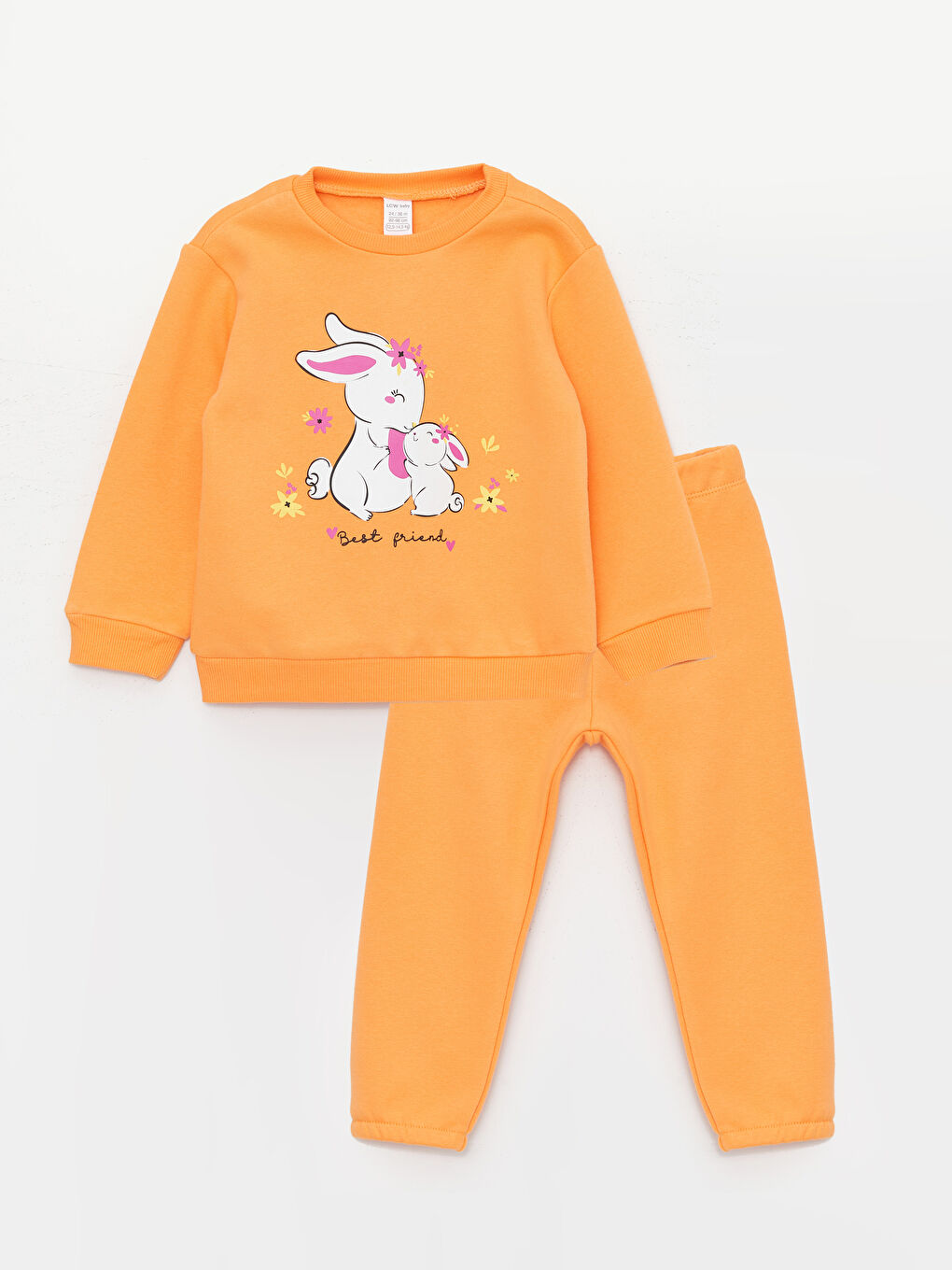 LCW baby Açık Turuncu Bisiklet Yaka Baskılı Kız Bebek Sweatshirt ve Eşofman Alt 2'li