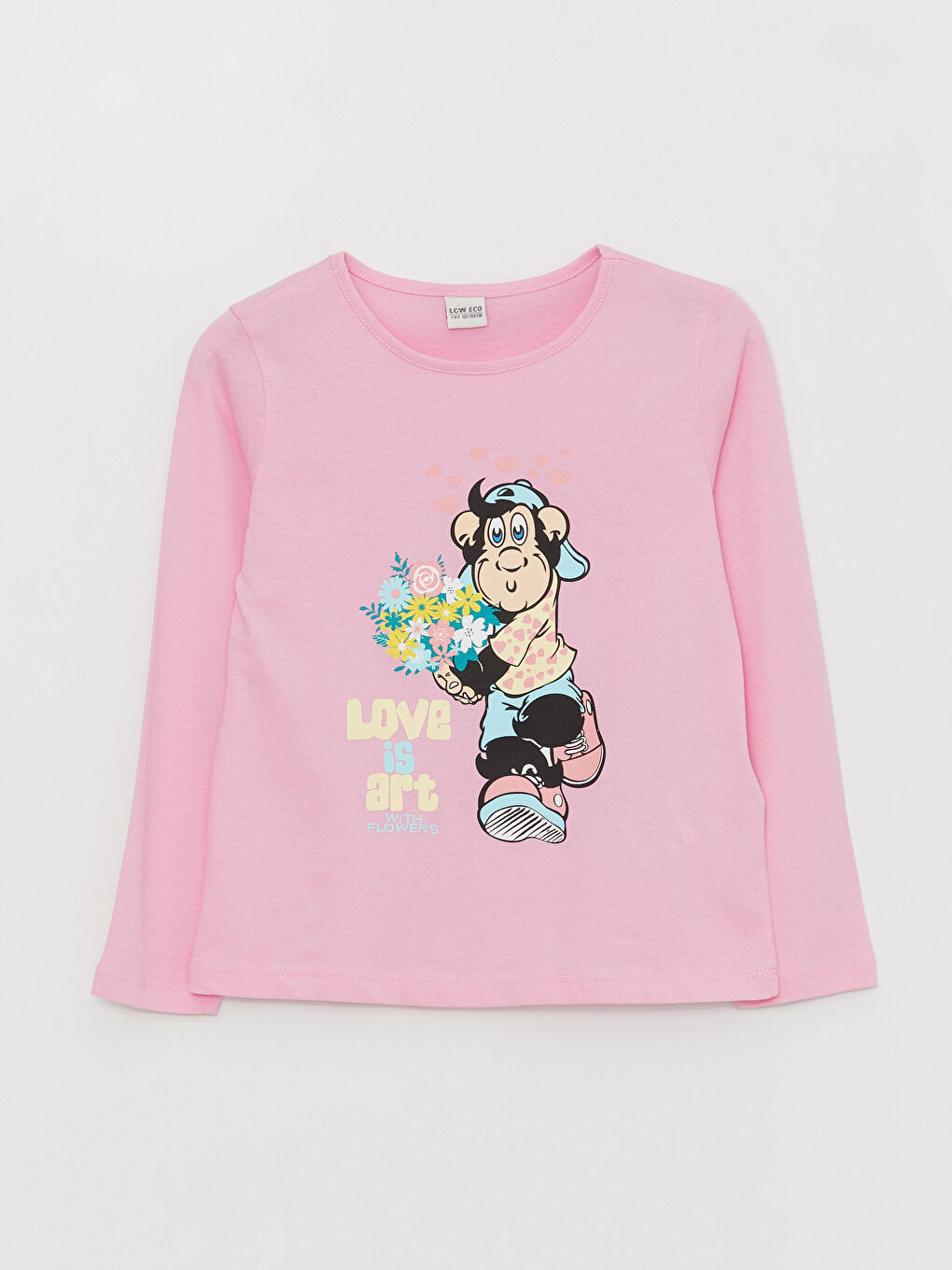 Crew Neck Nostalgic Monkey Printed Long Sleeve Girls T-Shirt