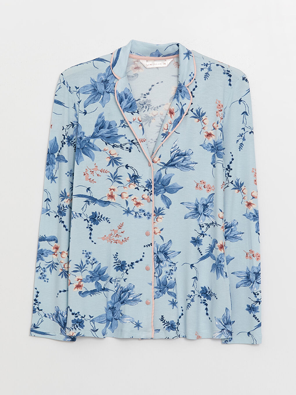 Mavi Gömlek Yaka Çiçekli Kadın Pijama Üstü