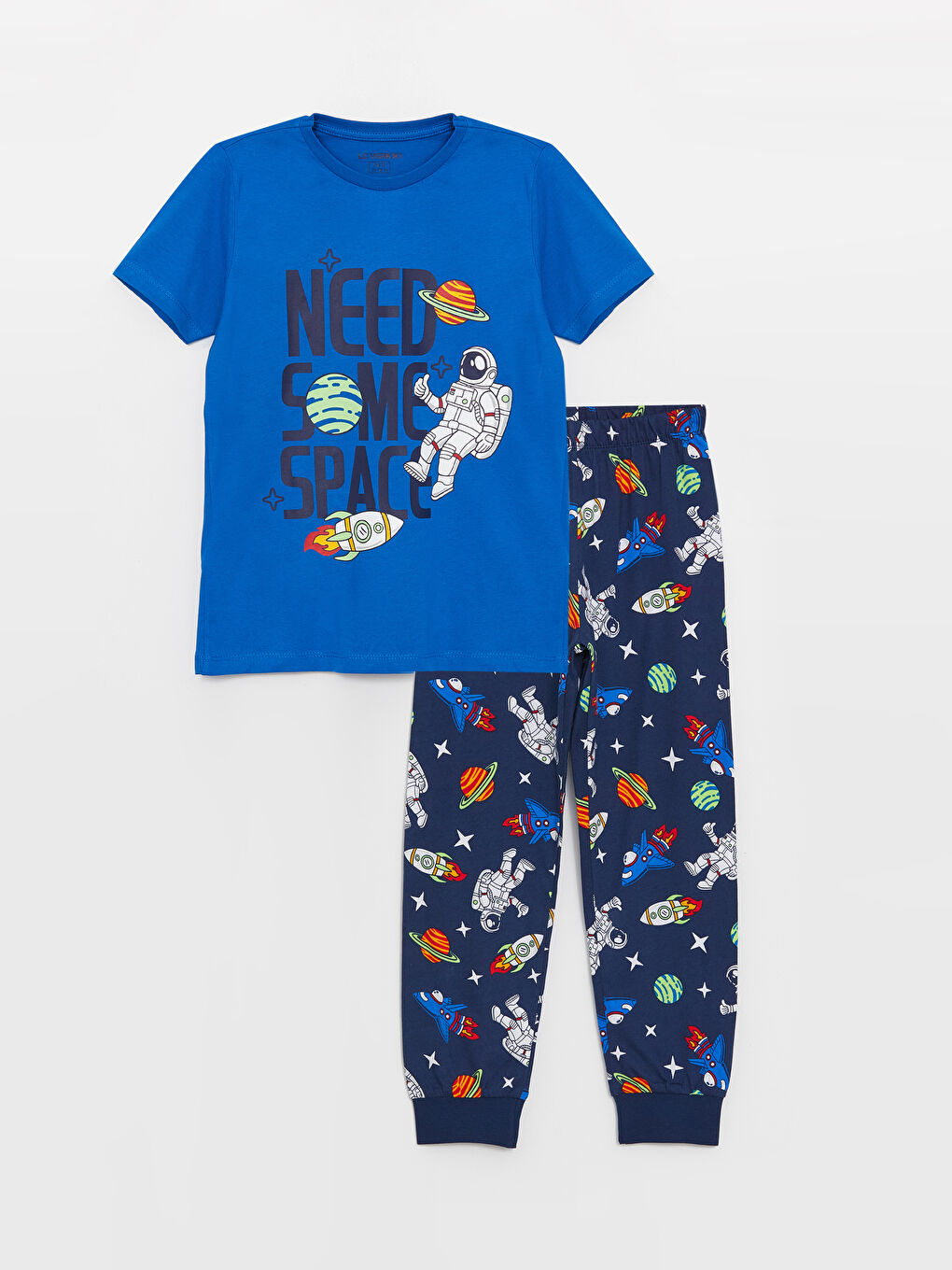 LCW Kids Mavi Bisiklet Yaka Baskılı Kısa Kollu Erkek Çocuk Pijama Takımı