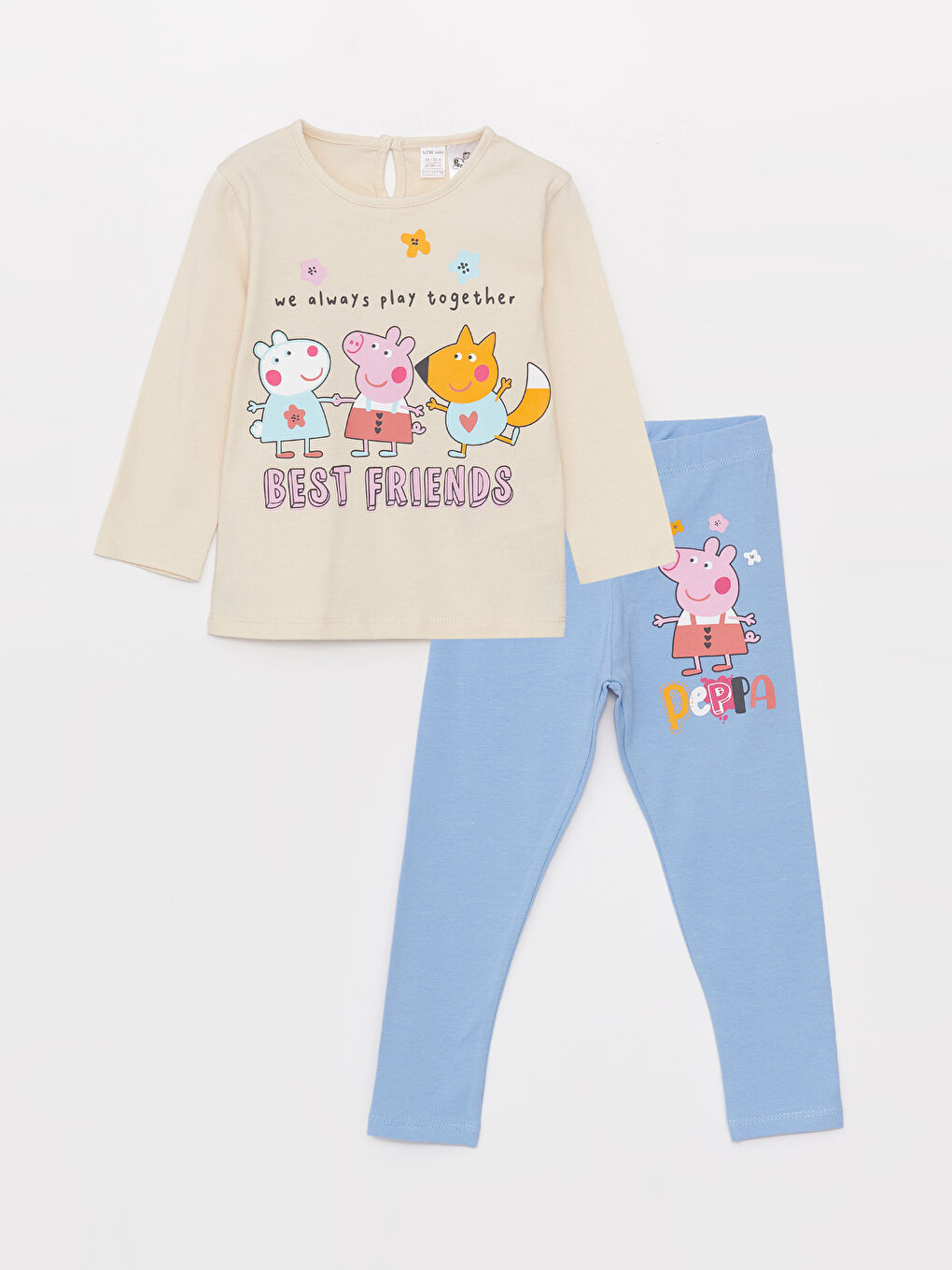 Crew Neck Peppa Pig Printed Baby Girl T-Shirt and Tights, 2-Piece