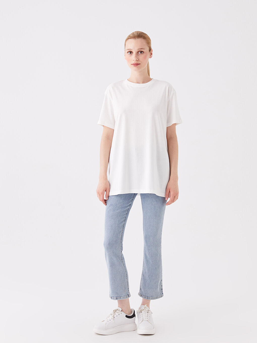 Ekru Bisiklet Yaka Düz Kısa Kollu Kadın Tişört-2