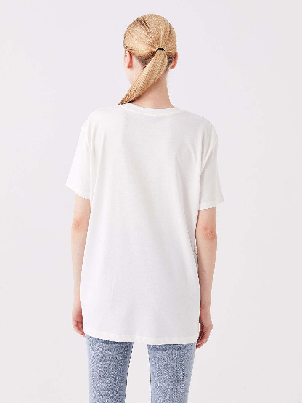 Ekru Bisiklet Yaka Düz Kısa Kollu Kadın Tişört-4