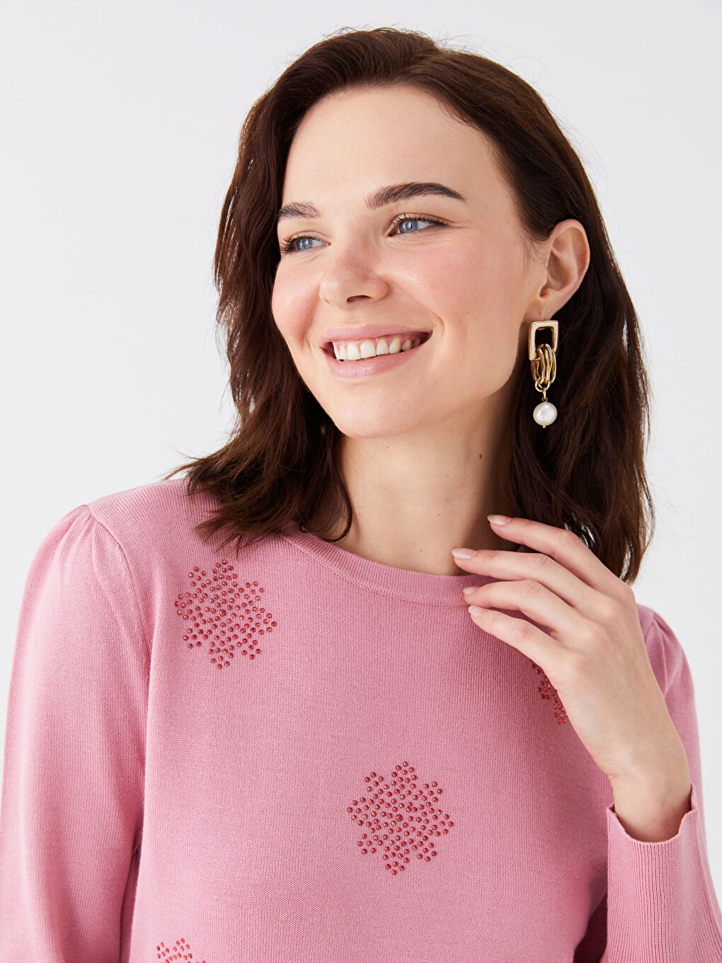 LCW Grace Crew Neck Rhinestone Embellished Women's Knit Sweater -W3FI51Z8-GDR