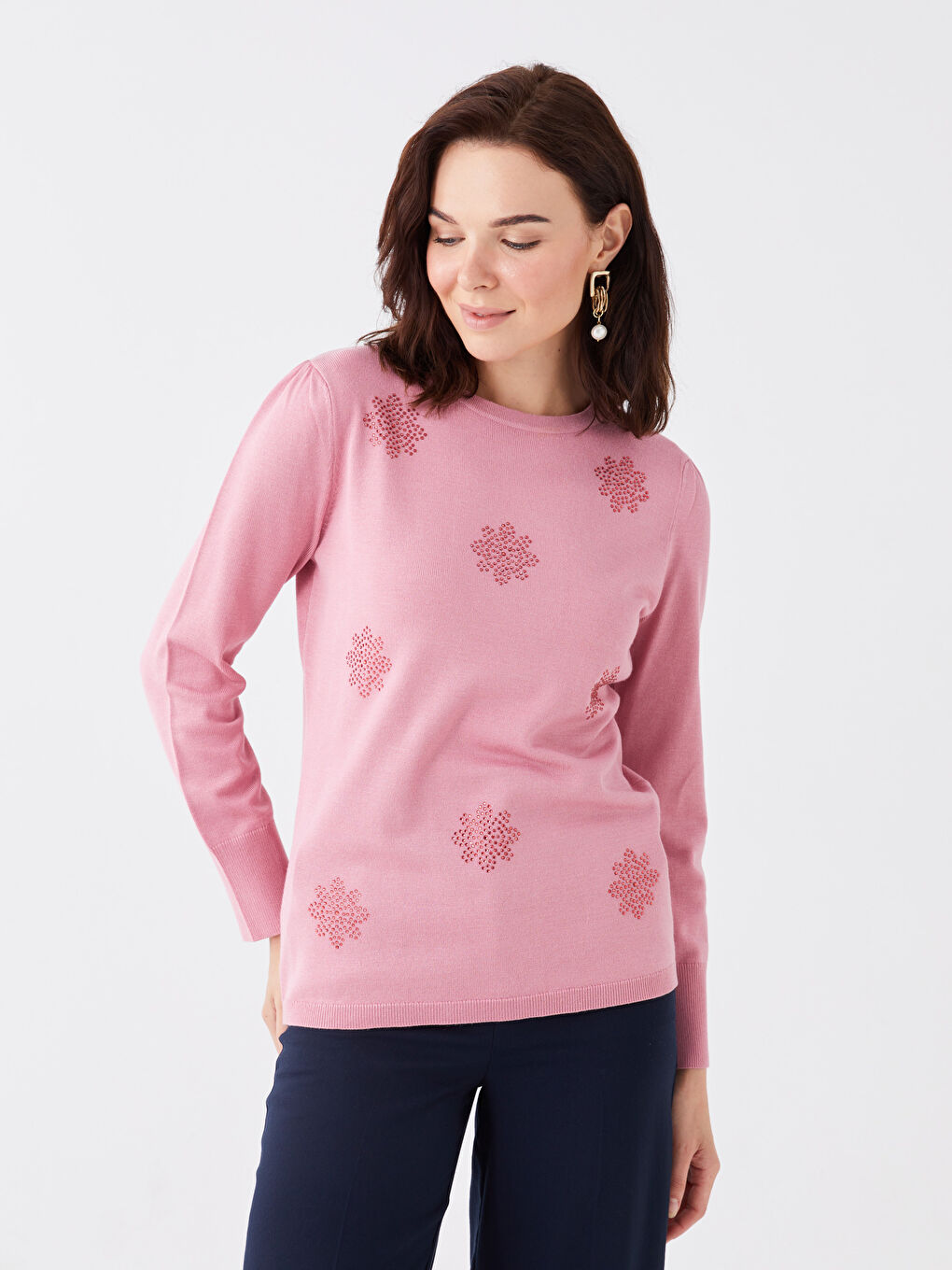 LCW Grace Crew Neck Rhinestone Embellished Women's Knit Sweater -W3FI51Z8-GDR