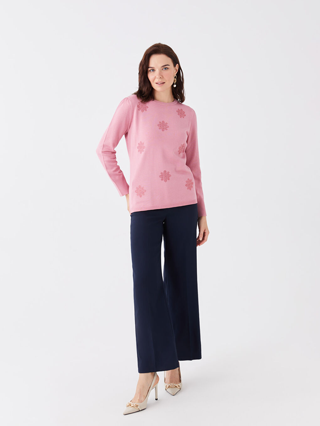 LCW Grace Crew Neck Rhinestone Embellished Women's Knit Sweater -W3FI51Z8-GDR