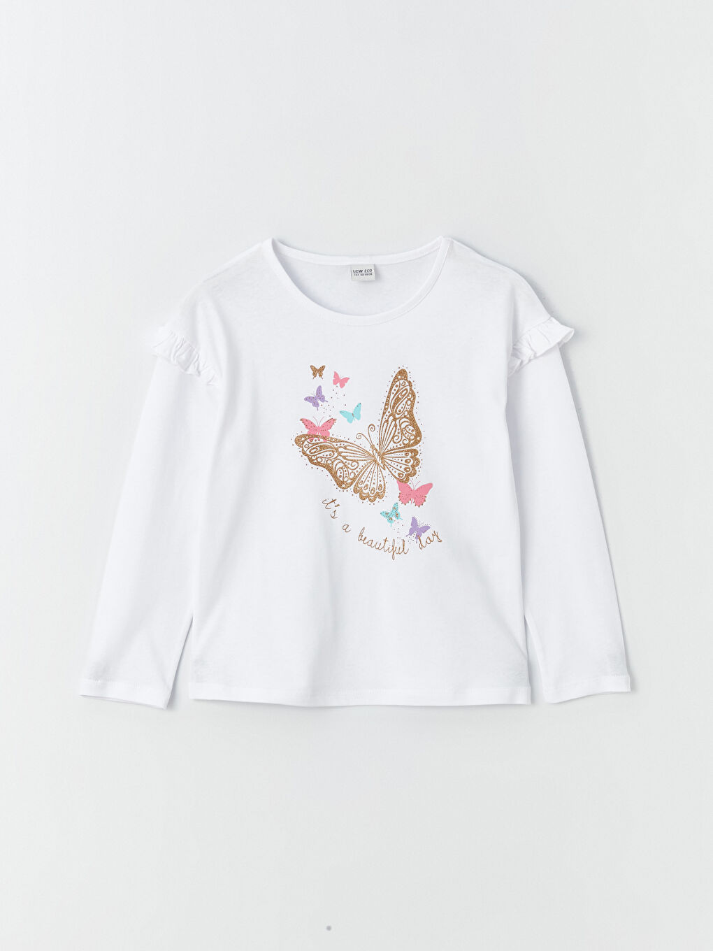 Beyaz Bisiklet Yaka Baskılı Uzun Kollu Kız Çocuk Tişört