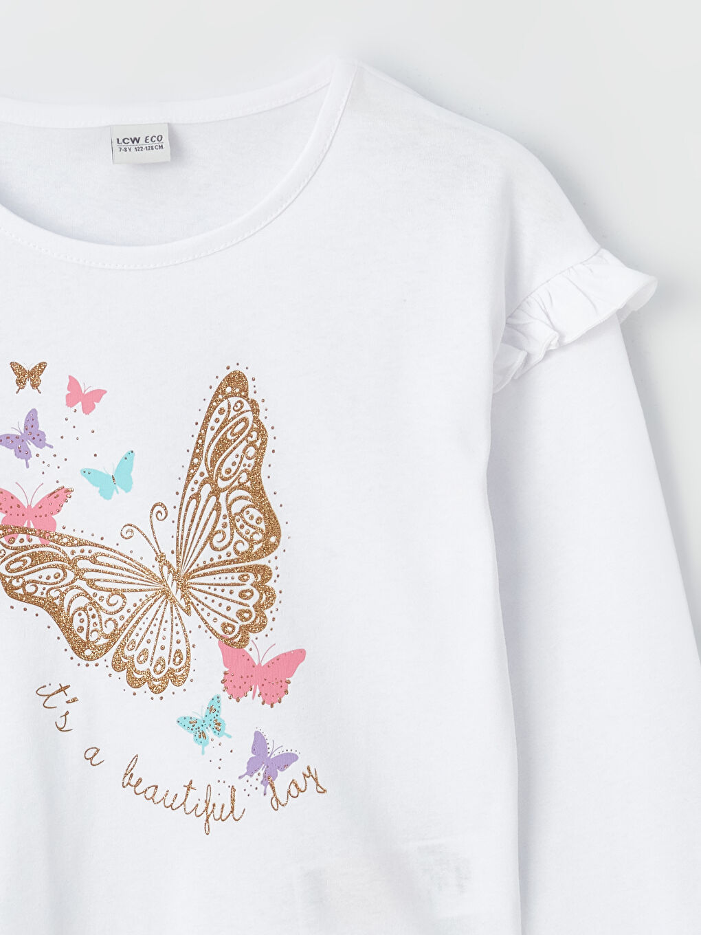 Beyaz Bisiklet Yaka Baskılı Uzun Kollu Kız Çocuk Tişört-1