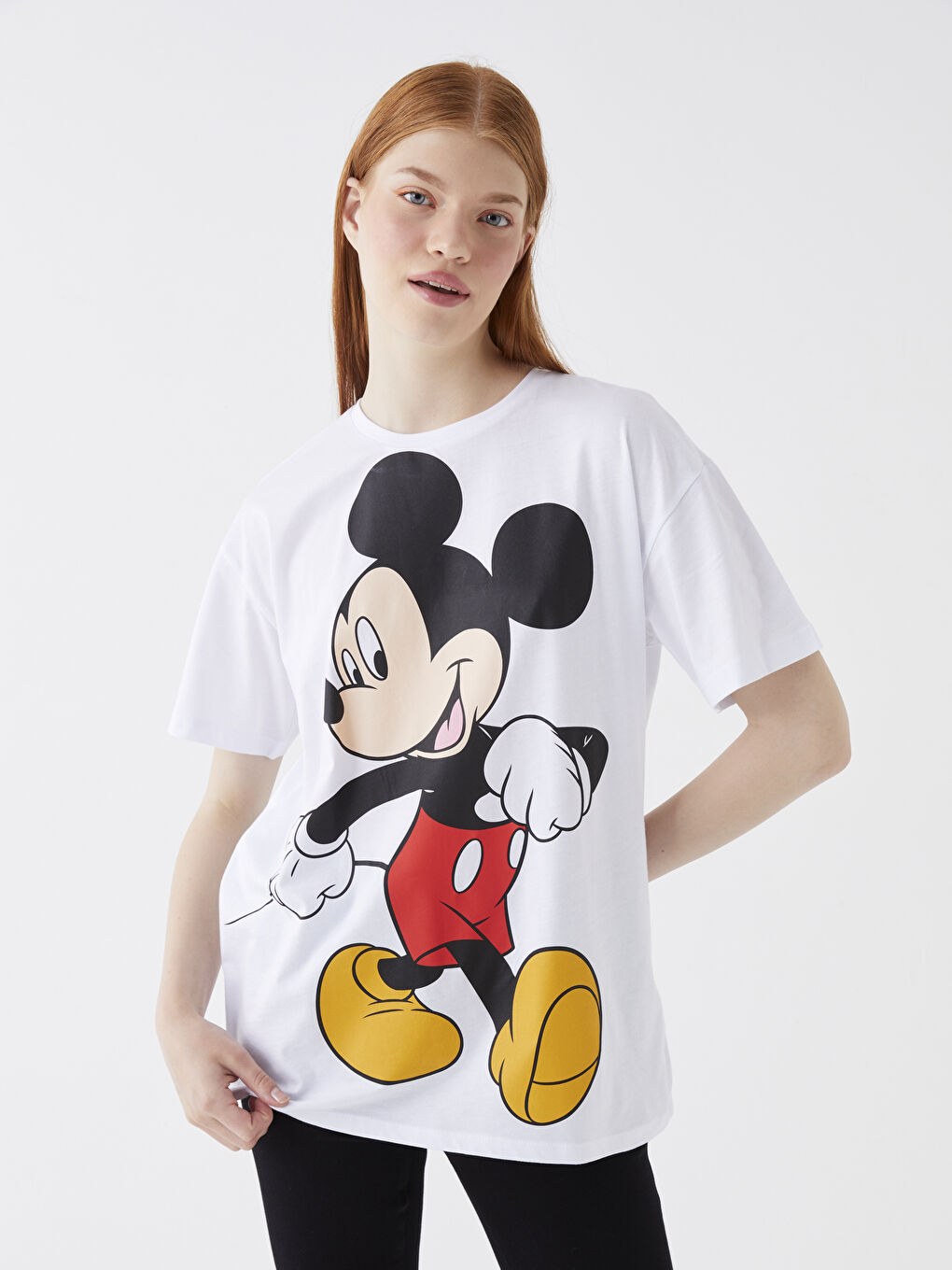 XSIDE Beyaz Bisiklet Yaka Mickey Mouse Baskılı Kısa Kollu Kadın Tişört - 2