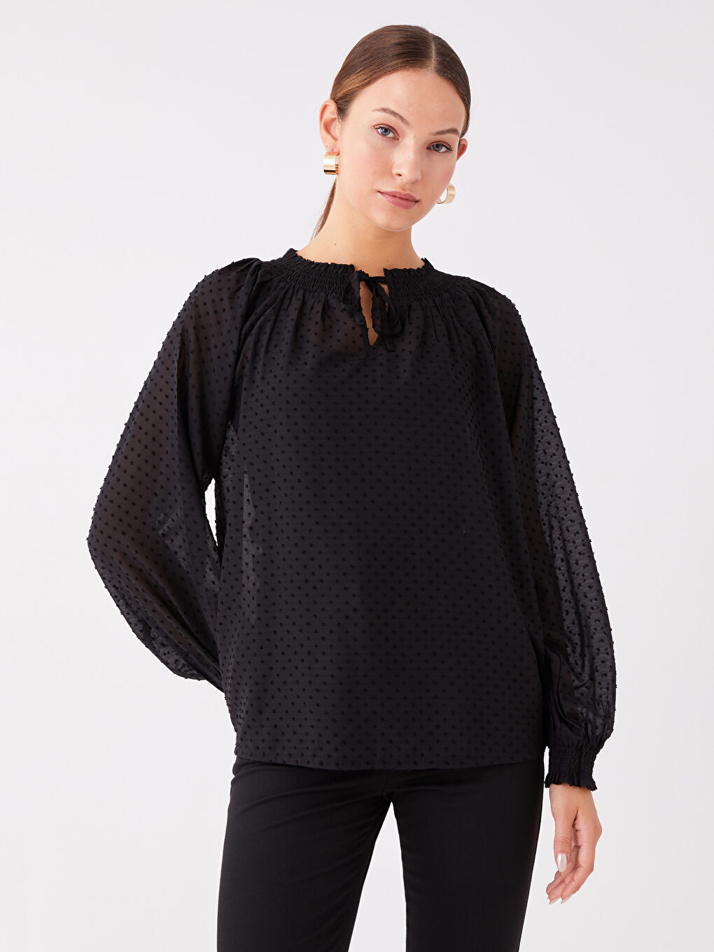 LC Waikiki Tie Neck Polka Dot Long-Sleeve Oversized Women's Blouse -W3FJ17Z8-CVL