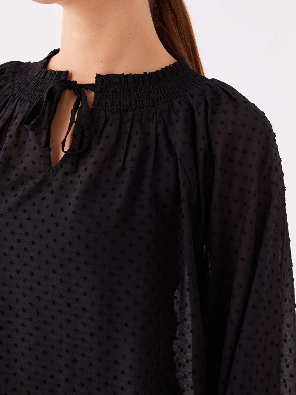 LC Waikiki Tie Neck Polka Dot Long-Sleeve Oversized Women's Blouse -W3FJ17Z8-CVL