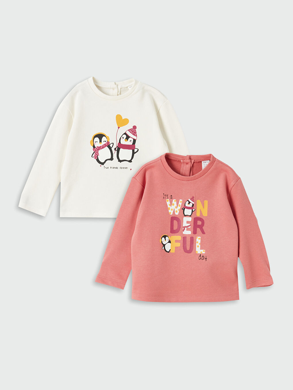 Pembe Bisiklet Yaka Uzun Kollu Kız Bebek Tişört 2'li