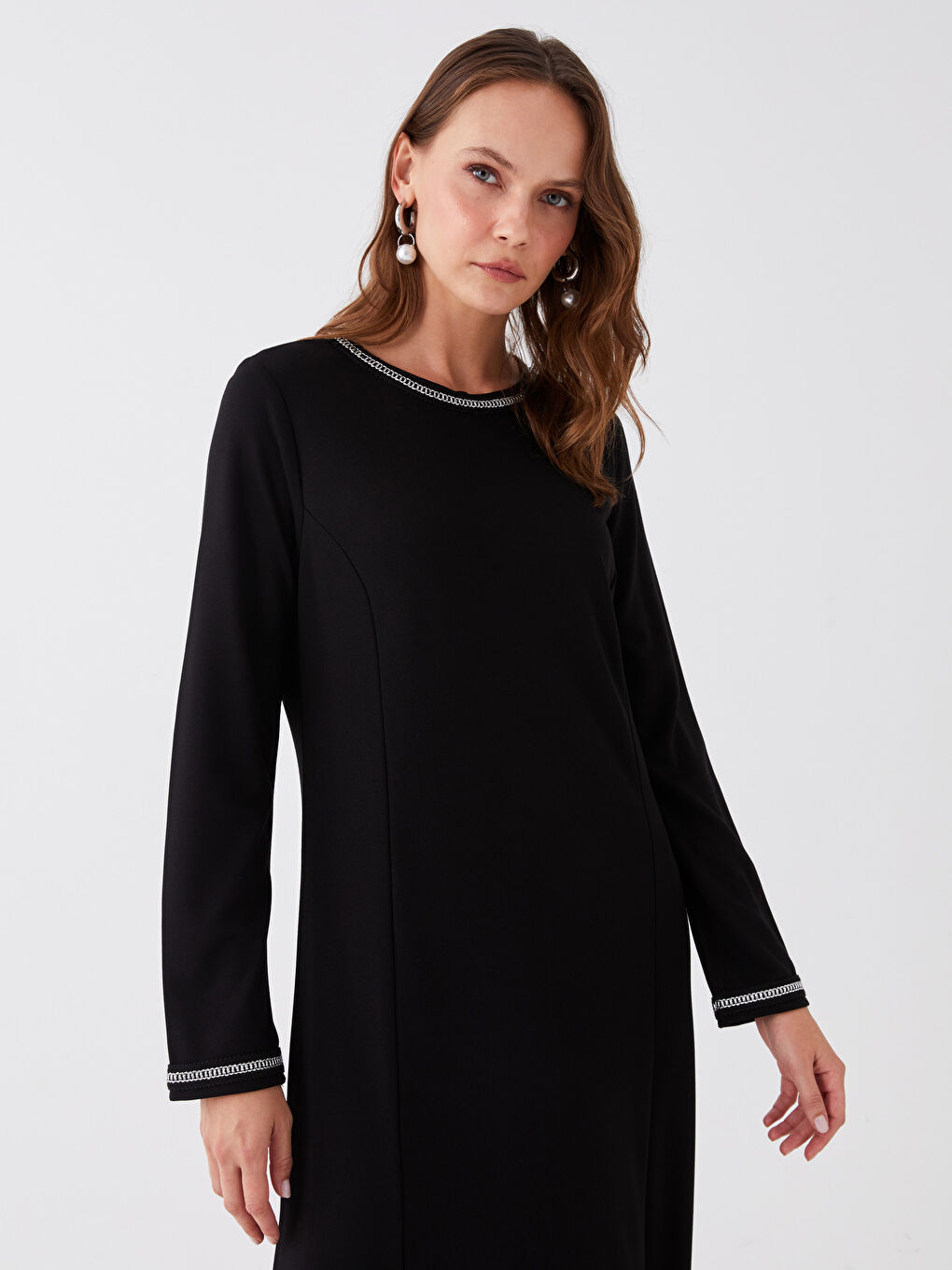 Siyah Bisiklet Yaka Düz Uzun Kollu Kadın Elbise-2