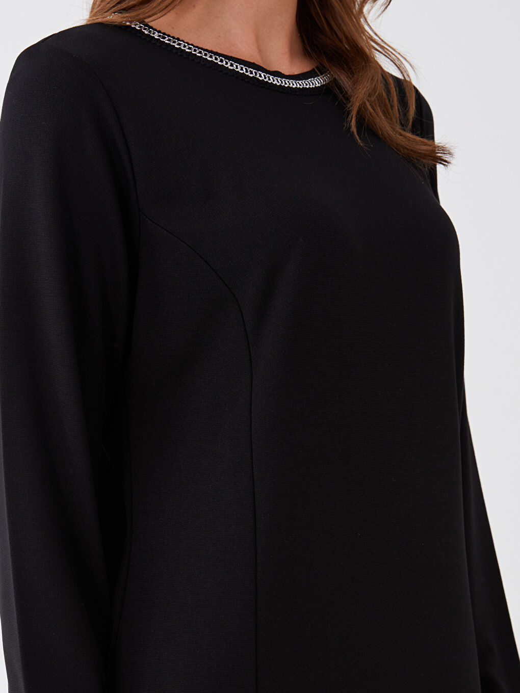 Siyah Bisiklet Yaka Düz Uzun Kollu Kadın Elbise-3