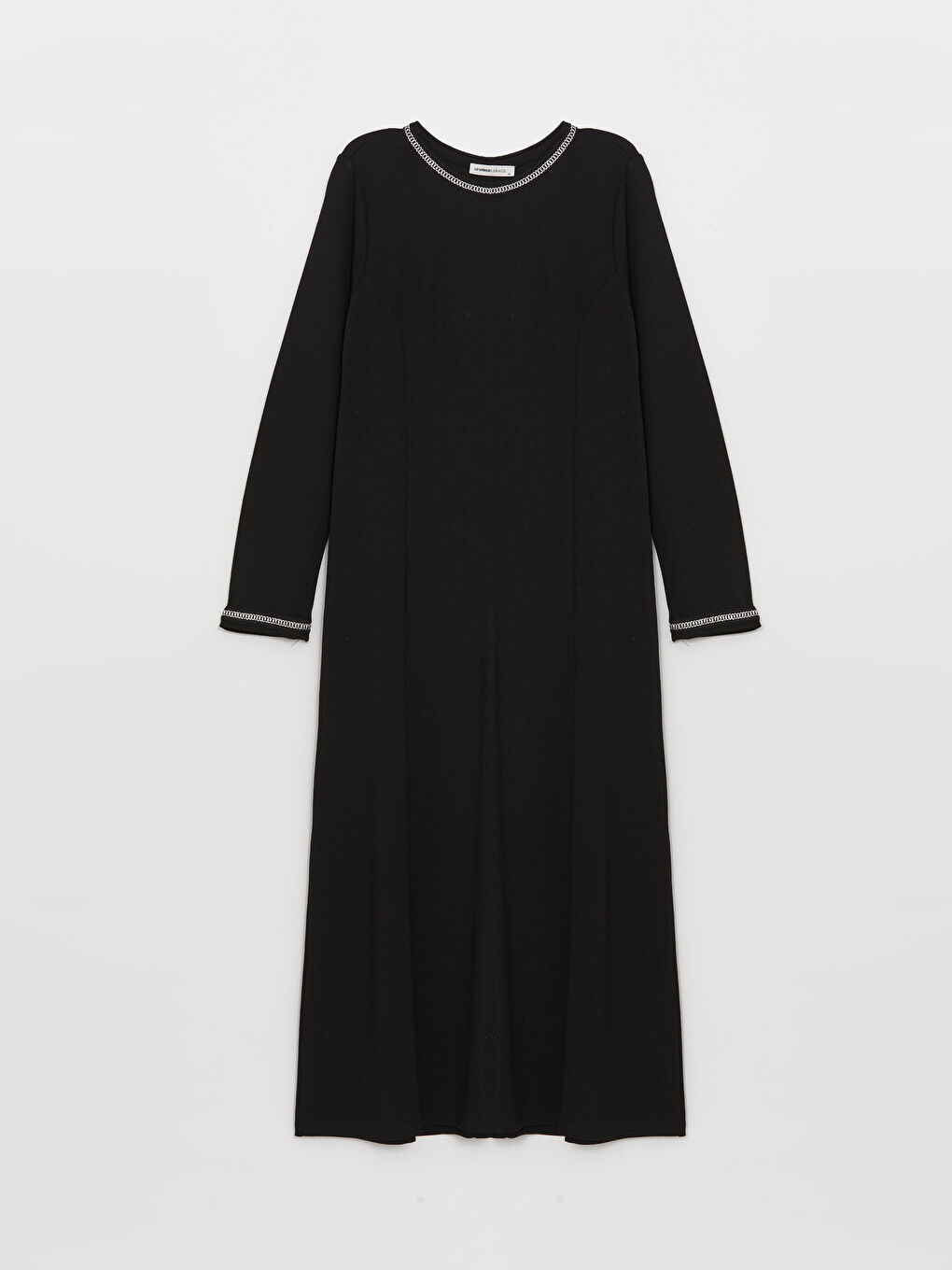 Siyah Bisiklet Yaka Düz Uzun Kollu Kadın Elbise-5