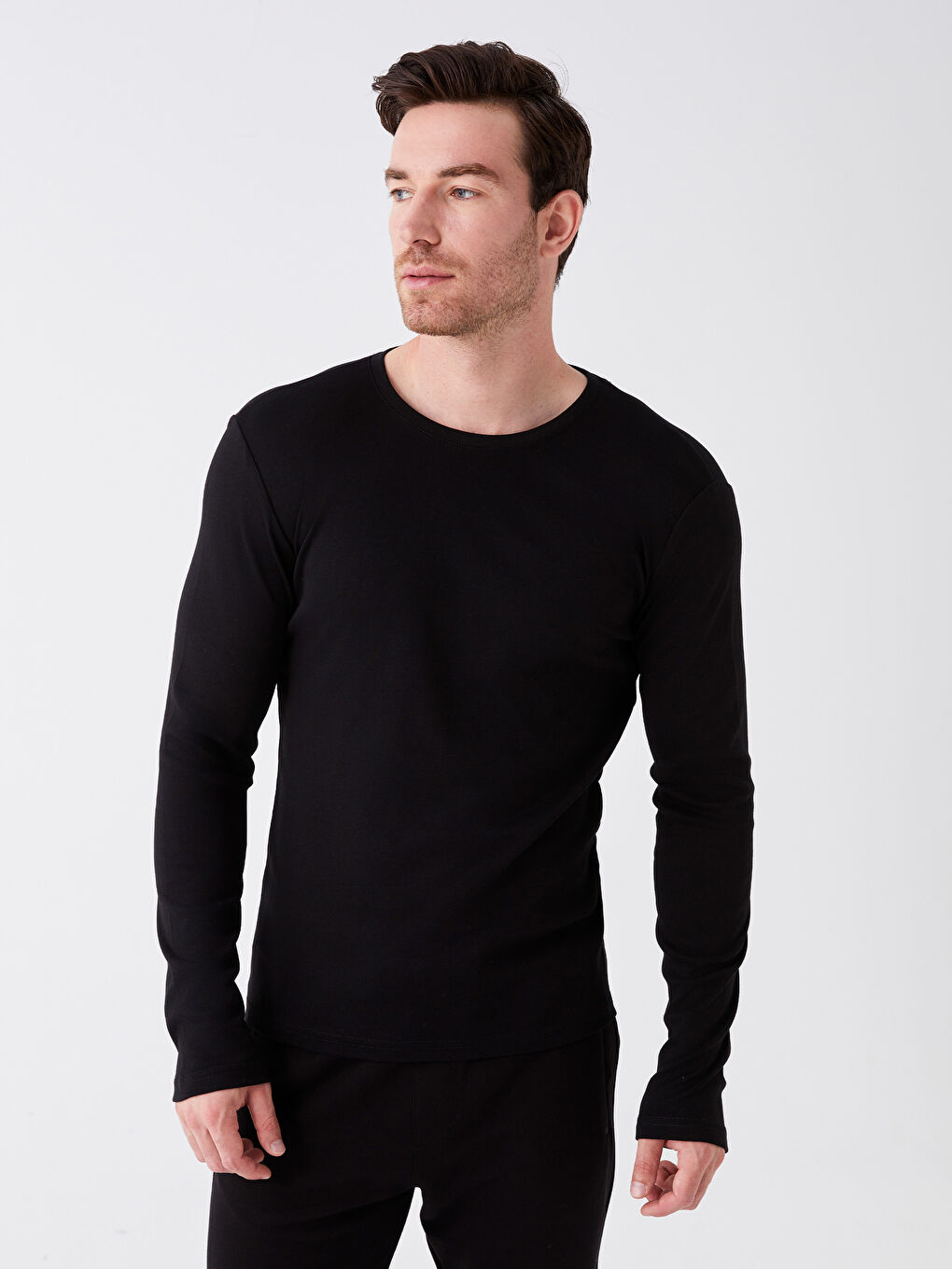 Siyah Bisiklet Yaka Uzun Kollu Erkek Tişört-1