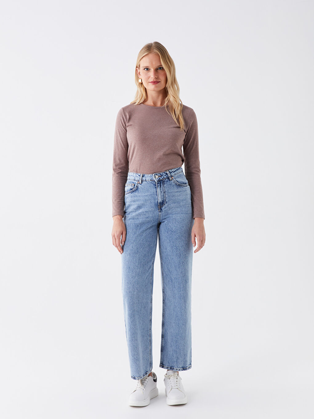 Bej Bisiklet Yaka Düz Uzun Kollu Kadın Tişört-1