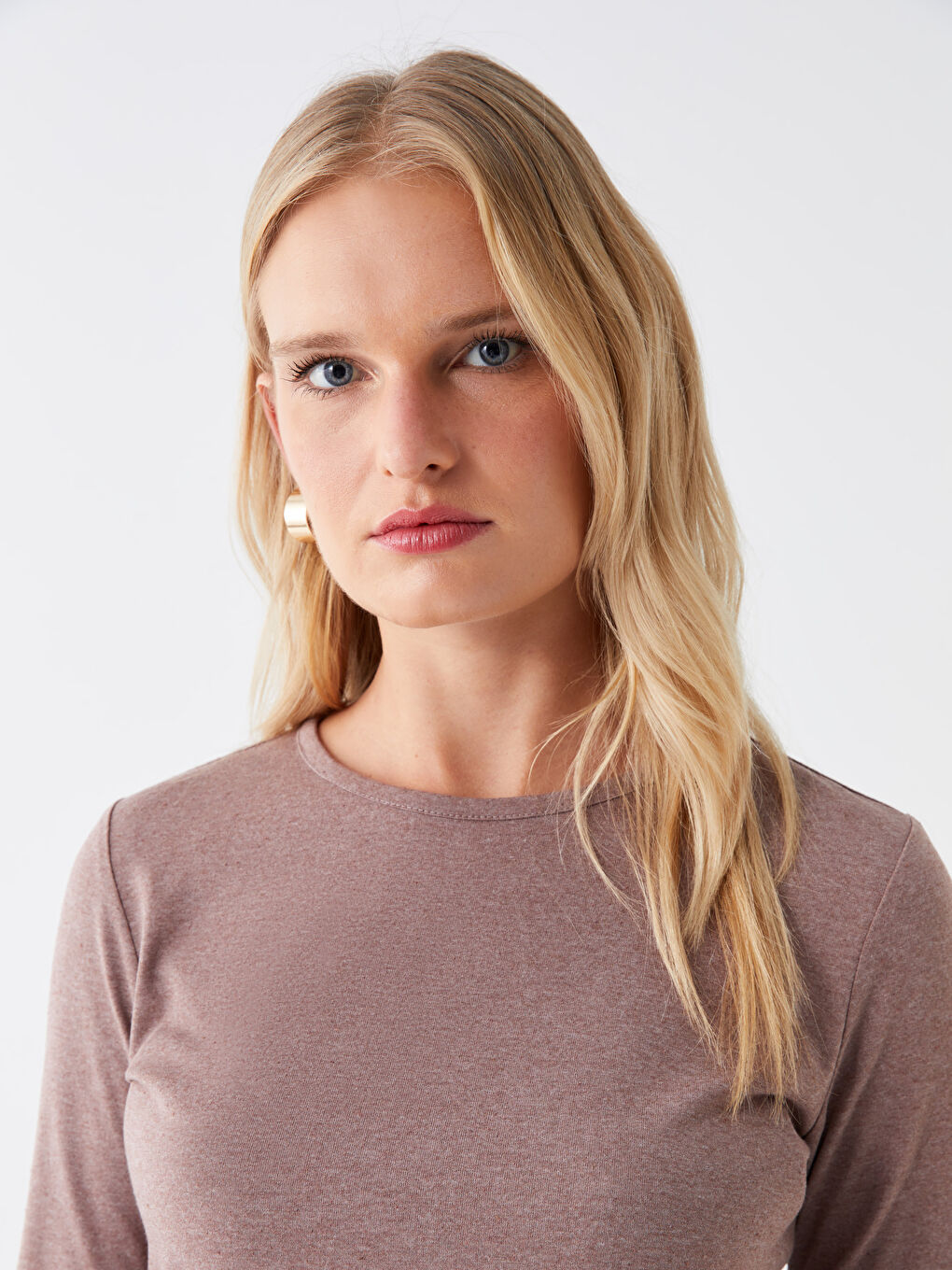 Bej Bisiklet Yaka Düz Uzun Kollu Kadın Tişört-2