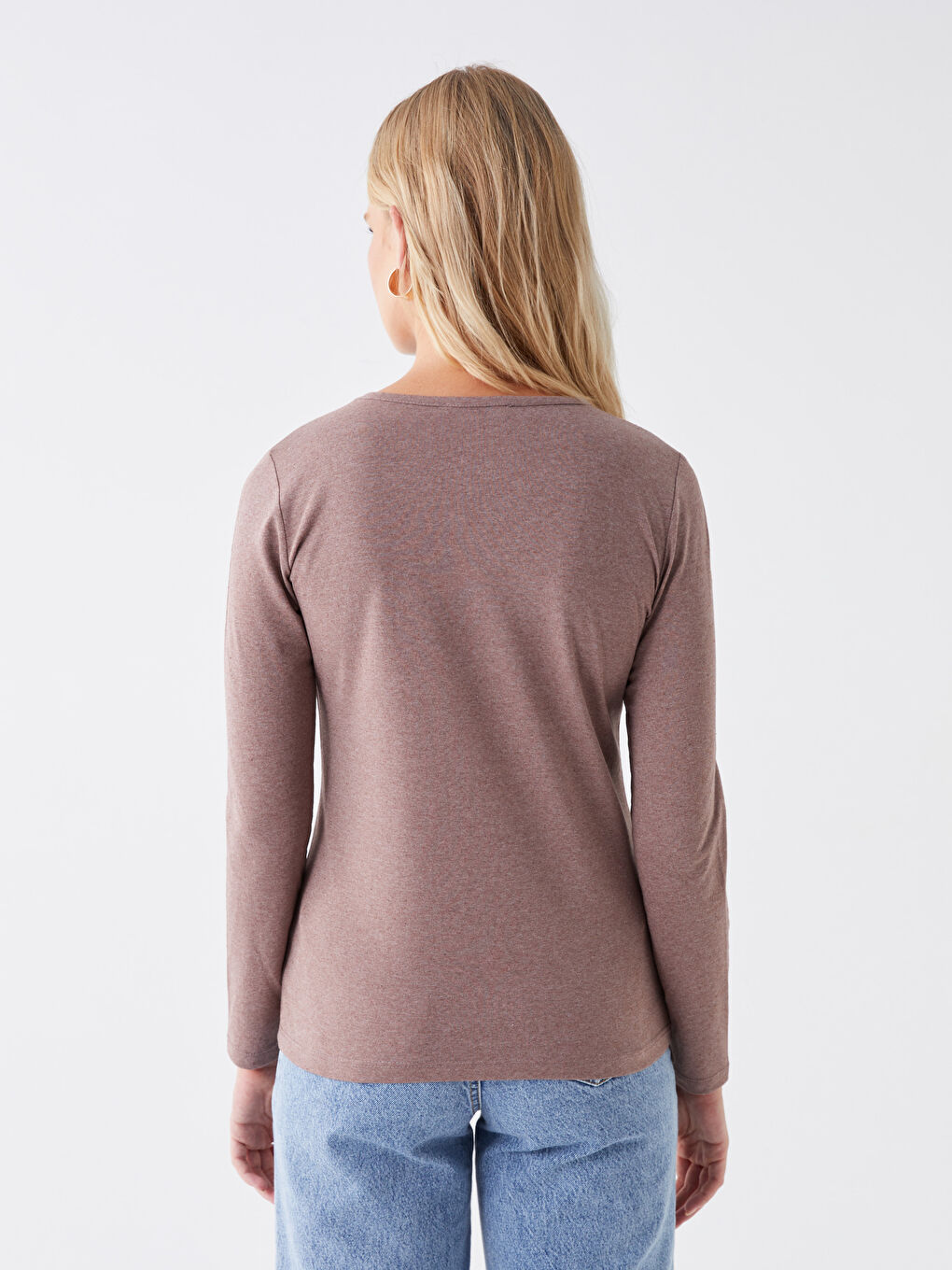 Bej Bisiklet Yaka Düz Uzun Kollu Kadın Tişört-4