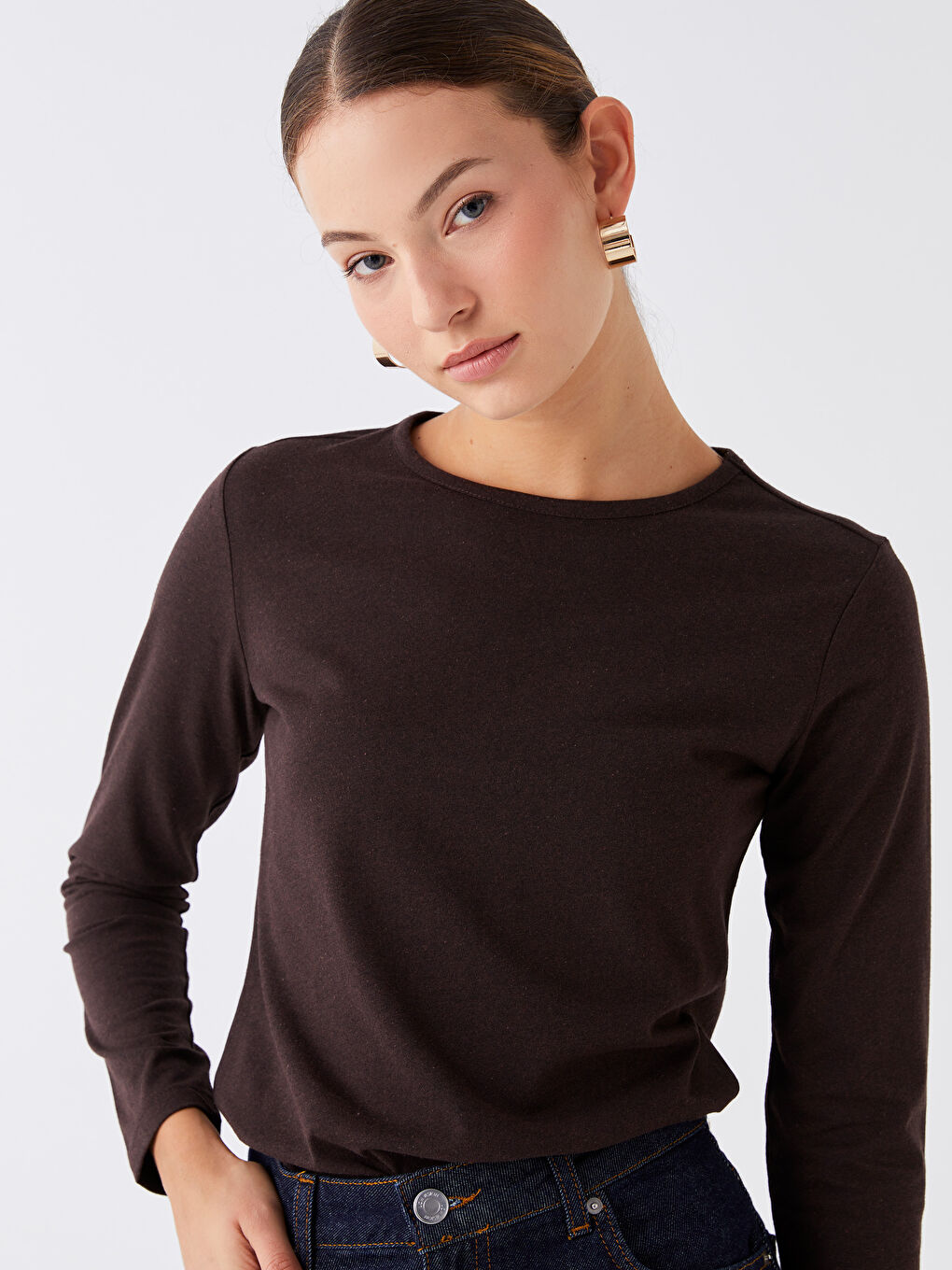 Kahverengi Bisiklet Yaka Düz Uzun Kollu Kadın Tişört-1