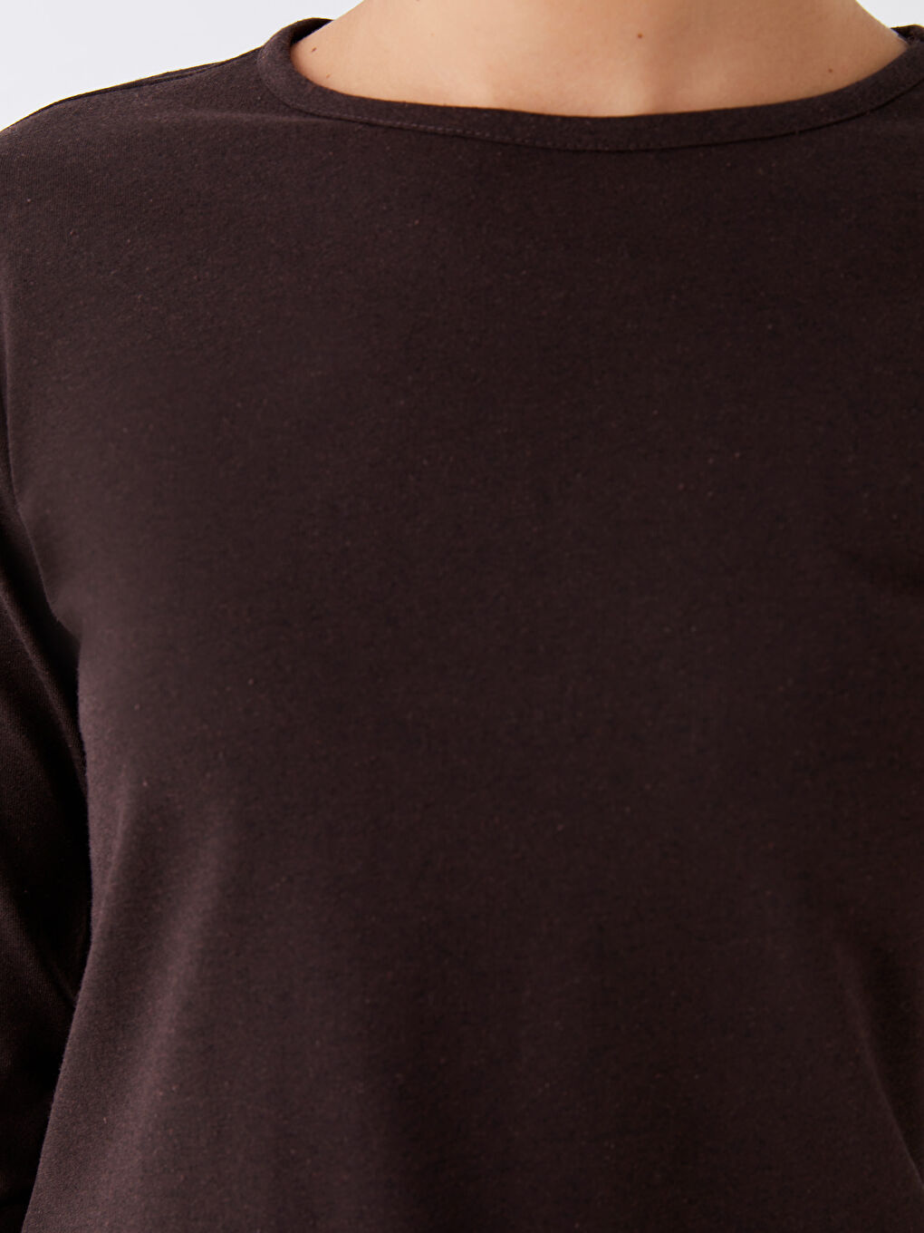 Kahverengi Bisiklet Yaka Düz Uzun Kollu Kadın Tişört-3