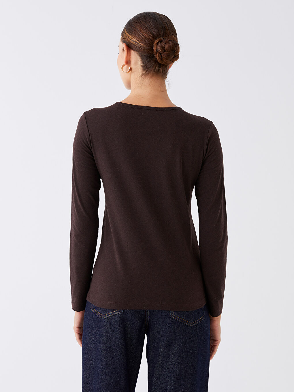 Kahverengi Bisiklet Yaka Düz Uzun Kollu Kadın Tişört-4