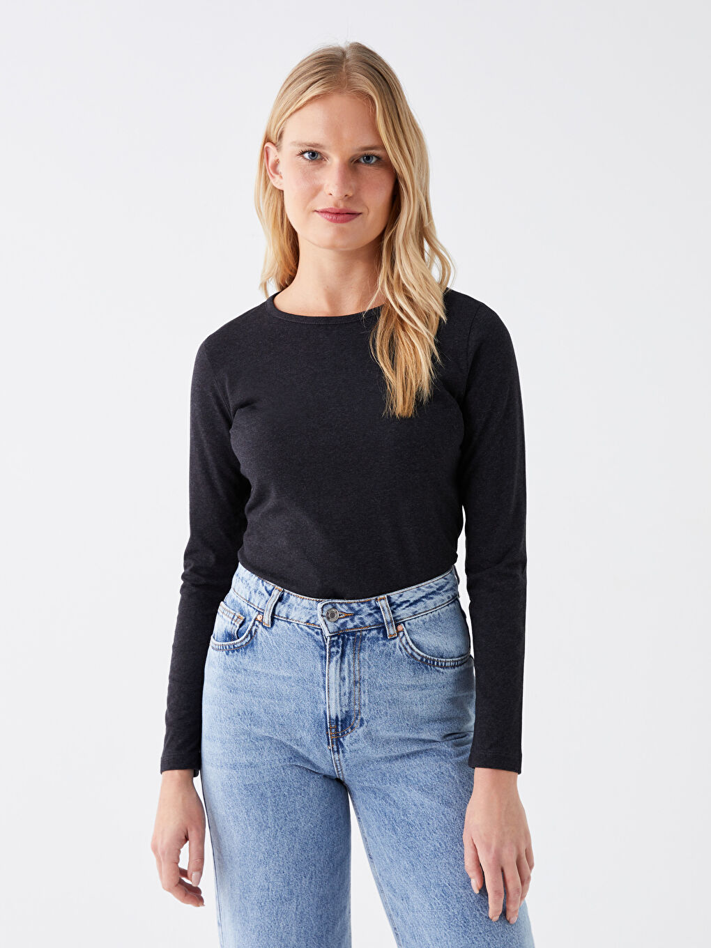 Antrasit Bisiklet Yaka Düz Uzun Kollu Kadın Tişört