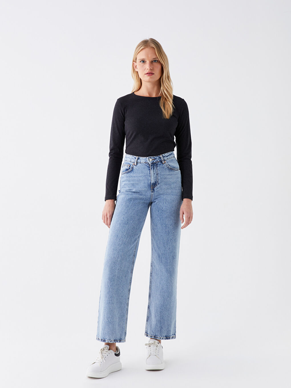 Antrasit Bisiklet Yaka Düz Uzun Kollu Kadın Tişört-1