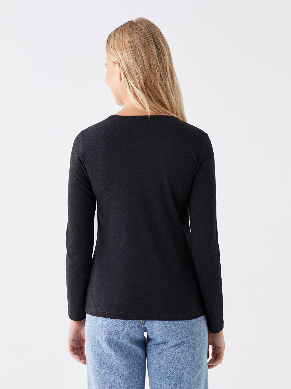 Antrasit Bisiklet Yaka Düz Uzun Kollu Kadın Tişört-4