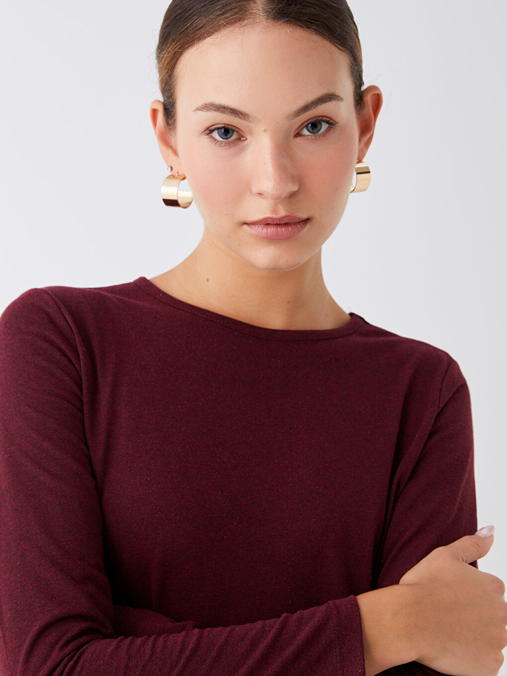 Mürdüm Bisiklet Yaka Düz Uzun Kollu Kadın Tişört-1