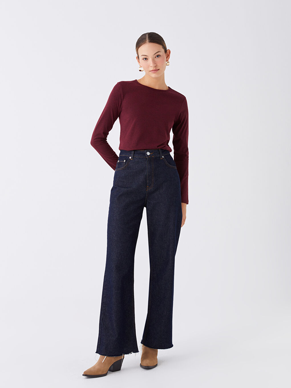 Mürdüm Bisiklet Yaka Düz Uzun Kollu Kadın Tişört-2