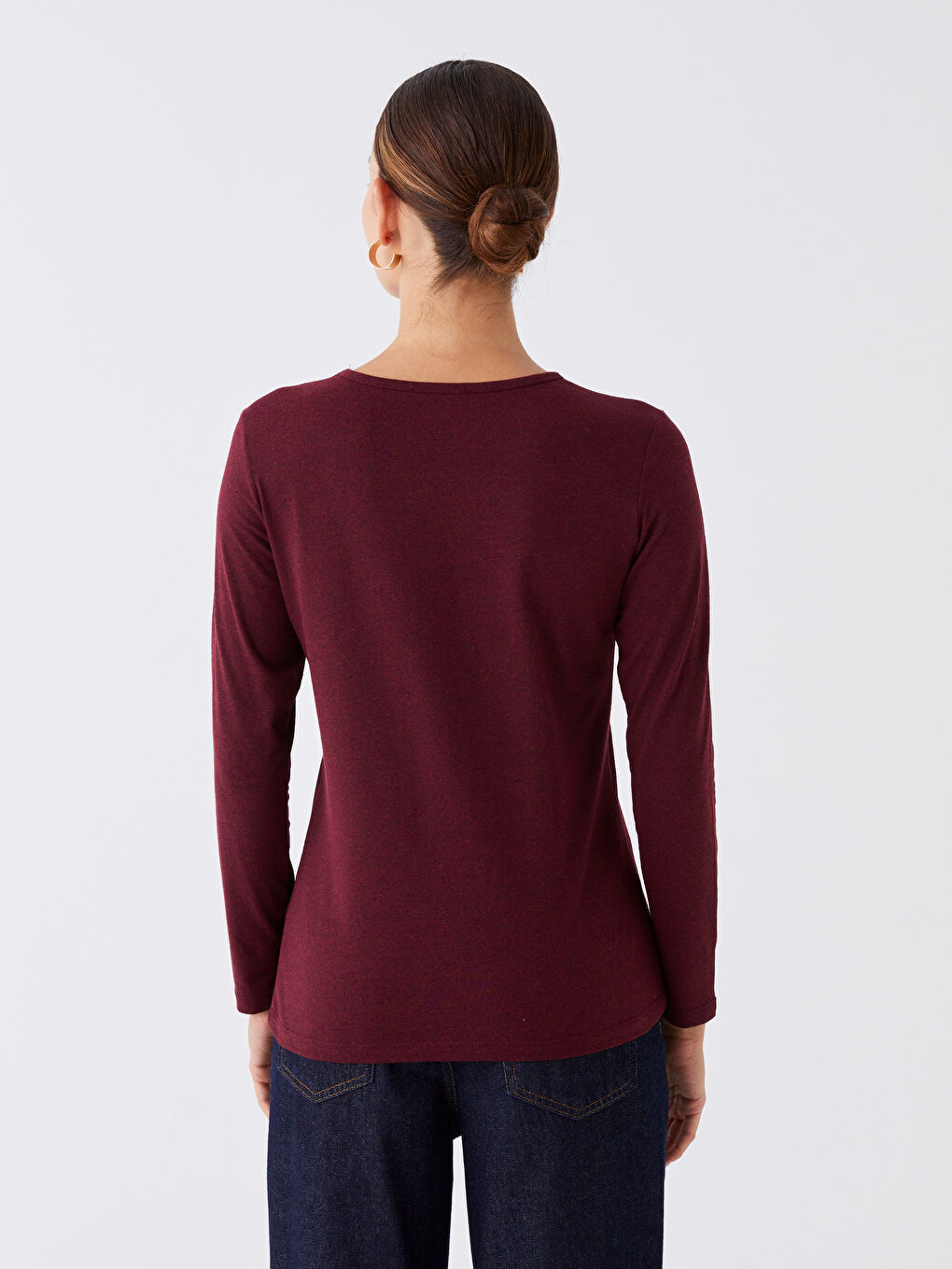 Mürdüm Bisiklet Yaka Düz Uzun Kollu Kadın Tişört-4