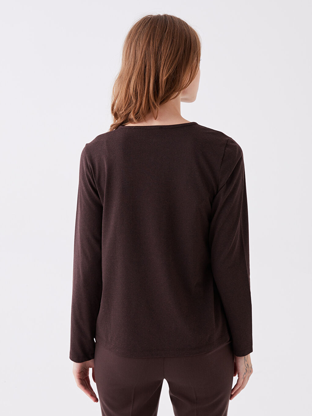 Kahverengi Bisiklet Yaka Düz Uzun Kollu Kadın Tişört-4