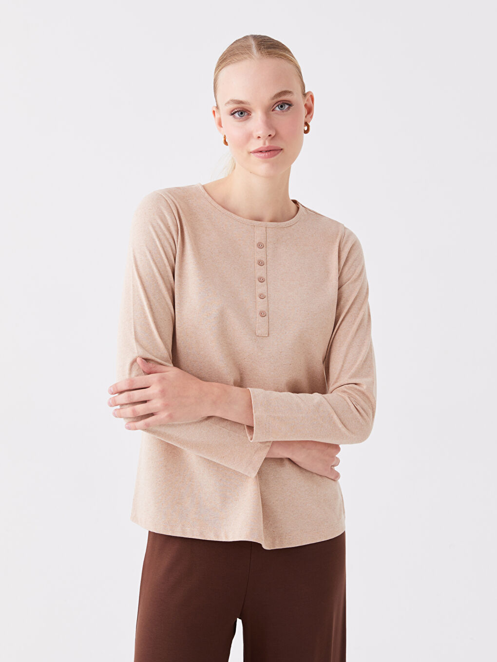 Ekru Bisiklet Yaka Düz Uzun Kollu Kadın Tişört