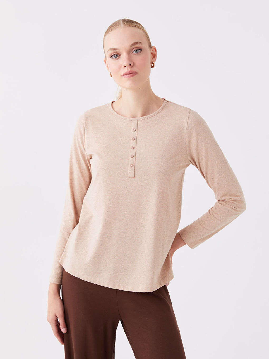 Ekru Bisiklet Yaka Düz Uzun Kollu Kadın Tişört-1