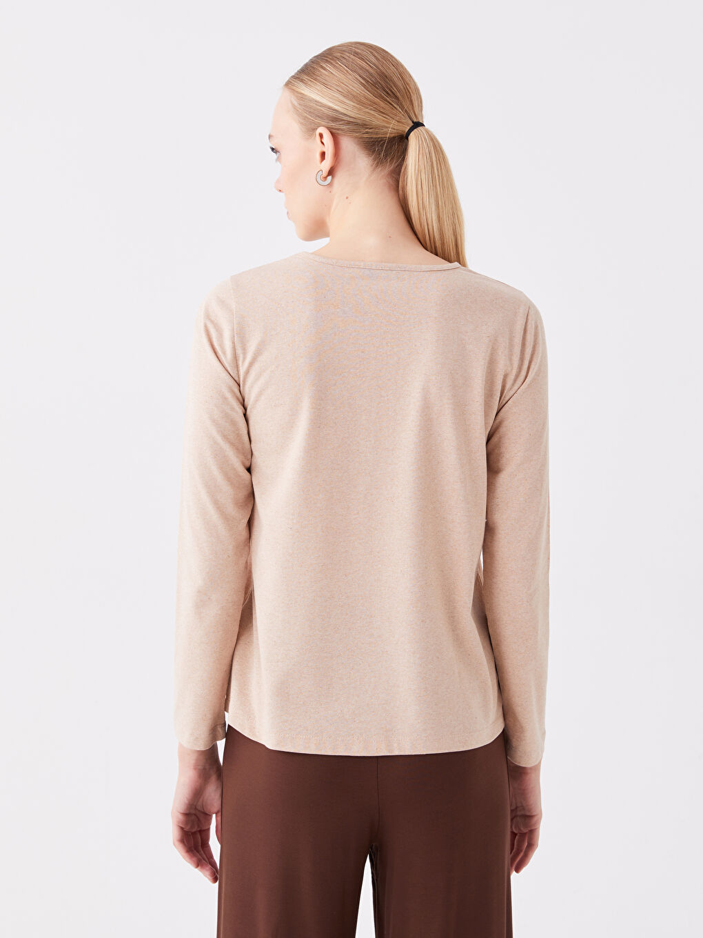 Ekru Bisiklet Yaka Düz Uzun Kollu Kadın Tişört-4