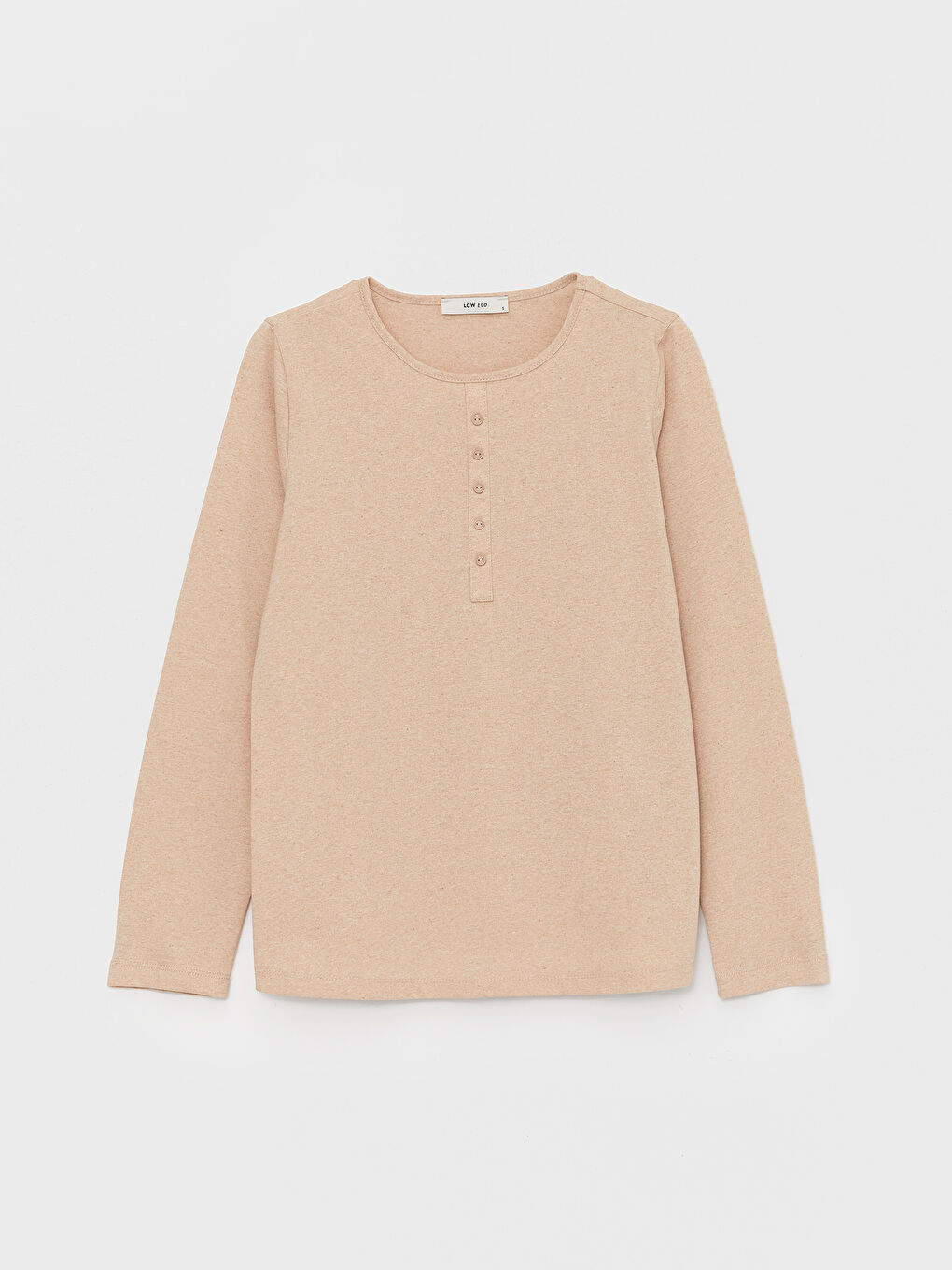 Ekru Bisiklet Yaka Düz Uzun Kollu Kadın Tişört-5