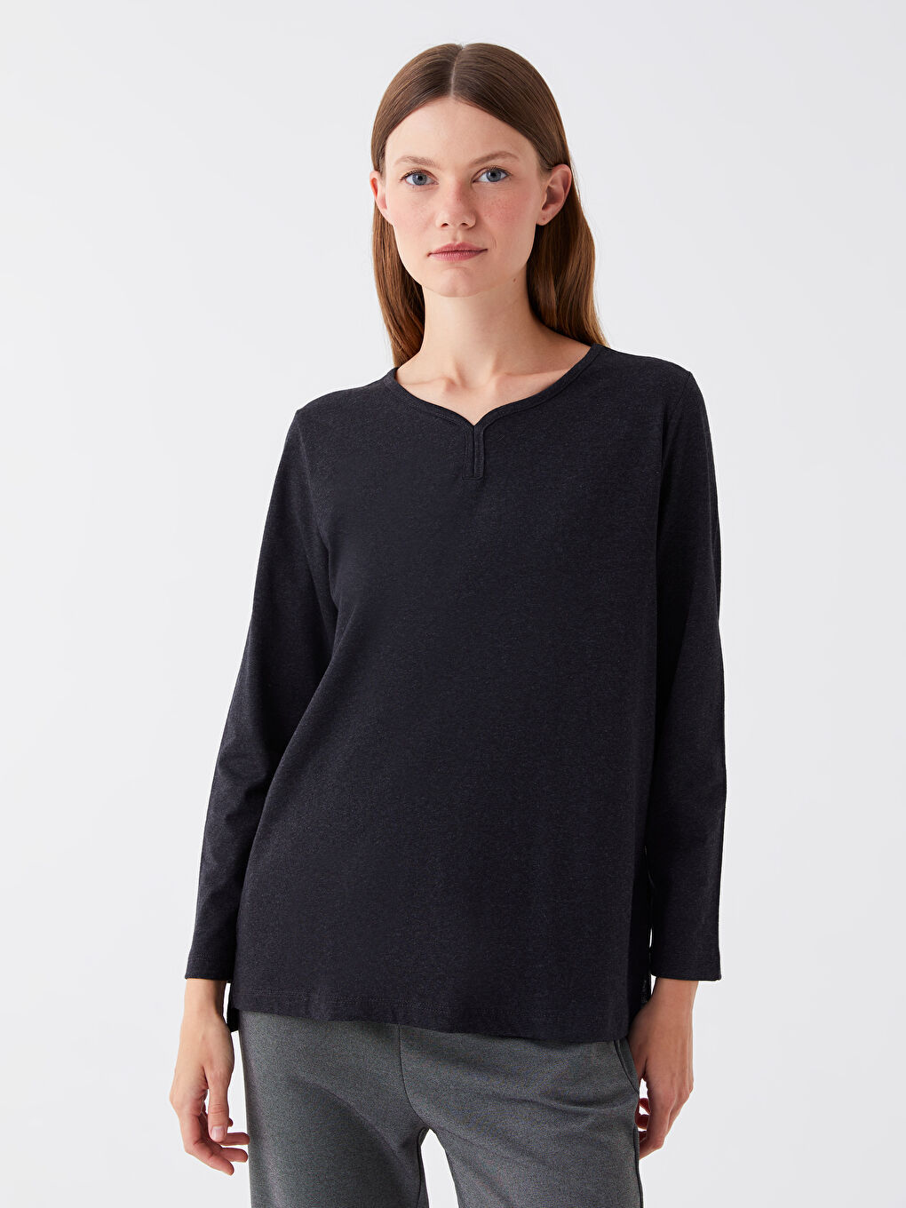 Antrasit V Yaka Düz Uzun Kollu Kadın Bluz