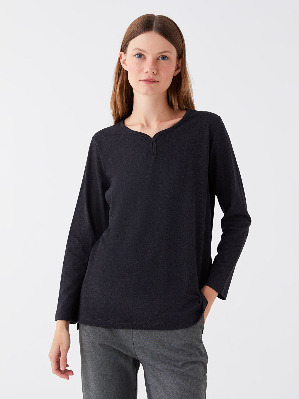 Antrasit V Yaka Düz Uzun Kollu Kadın Bluz-1