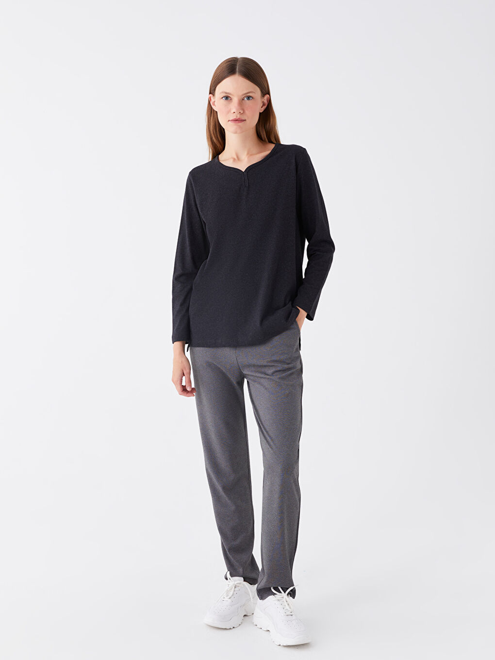 Antrasit V Yaka Düz Uzun Kollu Kadın Bluz-2